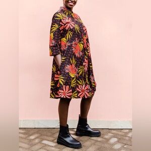 Zuri 3/4 Sleeve Aster Kenya Kitenge Dress Cotton Trapeze Black Red Floral 2X